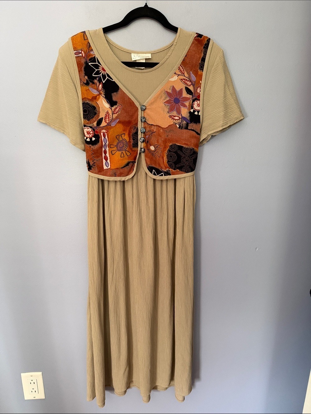 Gemma Beige Art to Wear Maxi Dress Boho Vintage Medium - Picture 2 of 9
